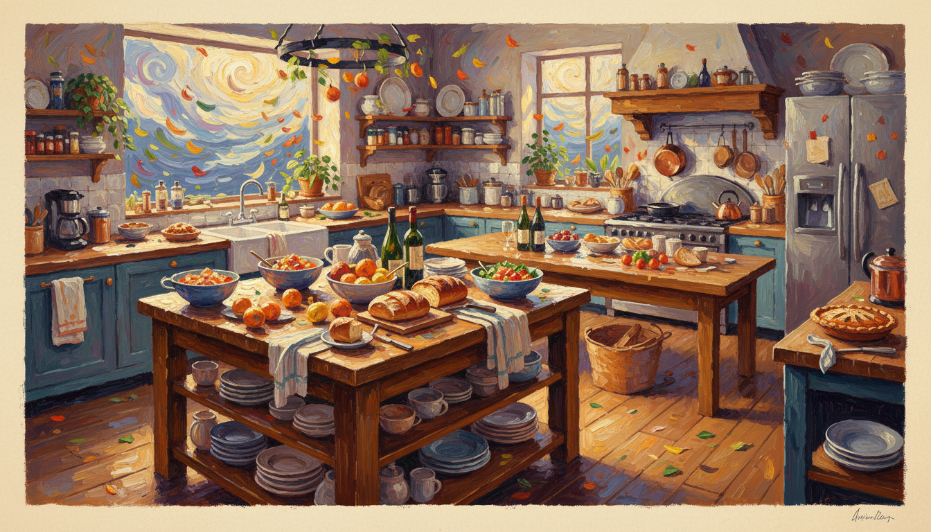 a kitchen with every surface used