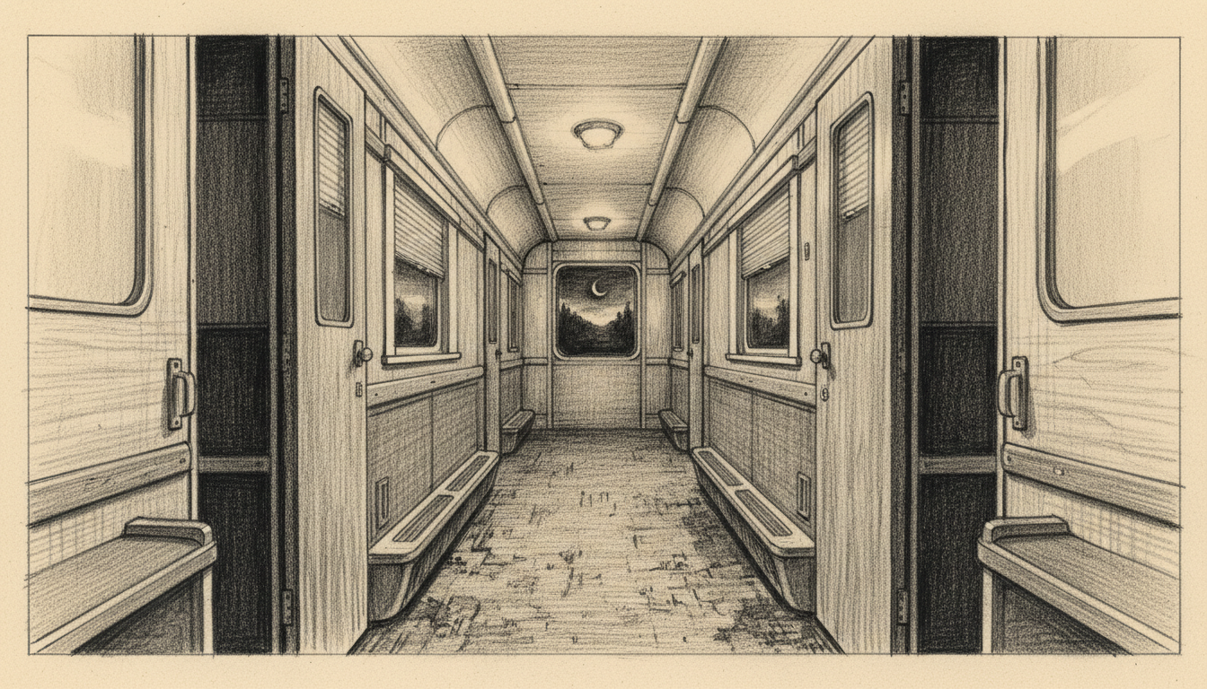 a sleeper train, the corridor at night