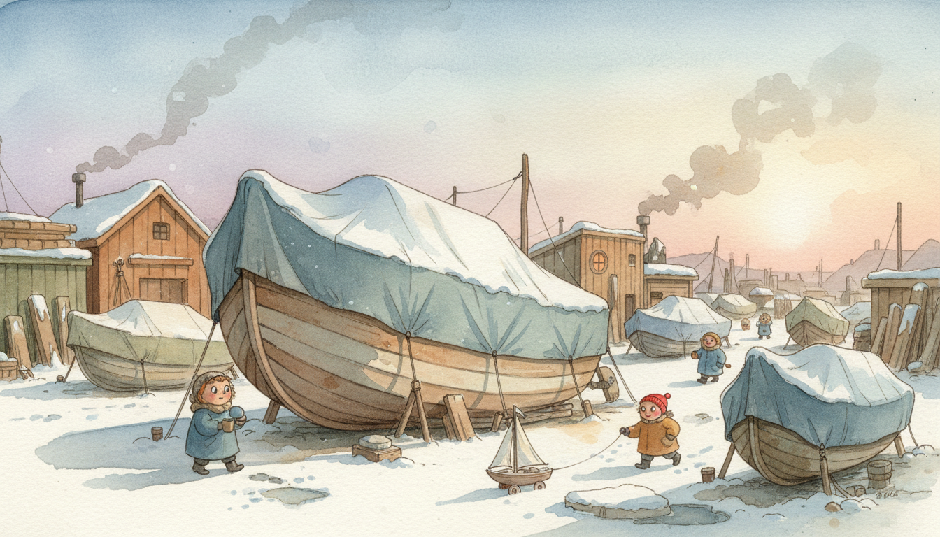 a boatyard in winter, everything covered