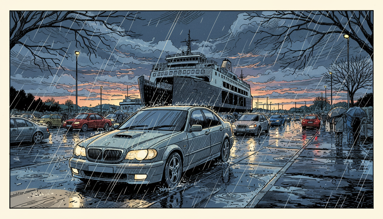 a ferry queue in the rain